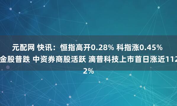 元配网 快讯：恒指高开0.28% 科指涨0.45% 黄金股普跌 中资券商股活跃 滴普科技上市首日涨近112%